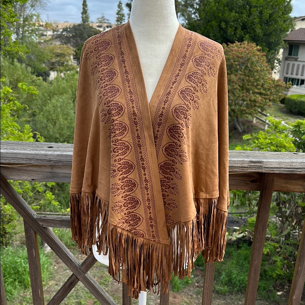 Hollister Brown suede Fringe Poncho with Patterned Design